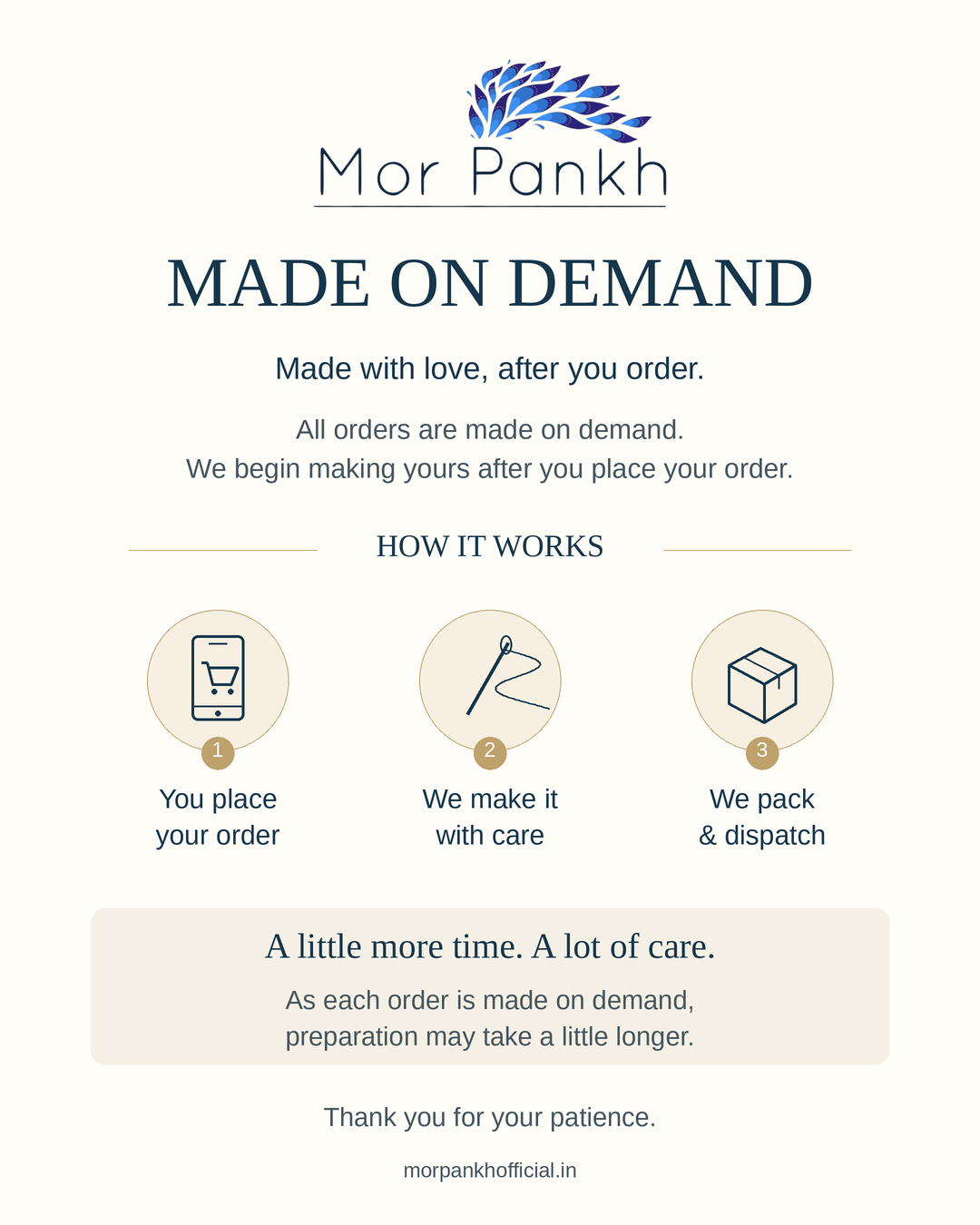 Mor Pankh made-on-demand notice: we make your order with care after you order; preparation may take a little longer.
