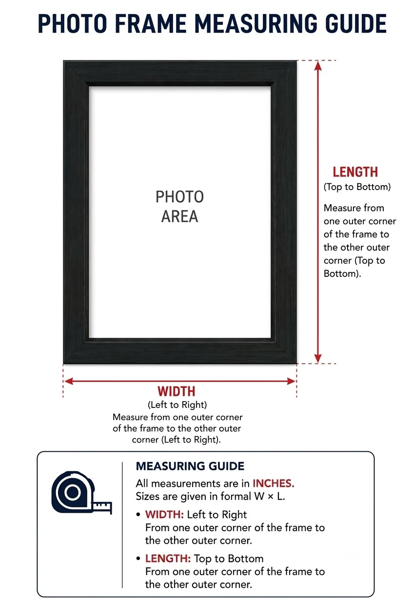 Photo frame measuring guide: measure outer width left to right and length top to bottom in inches.