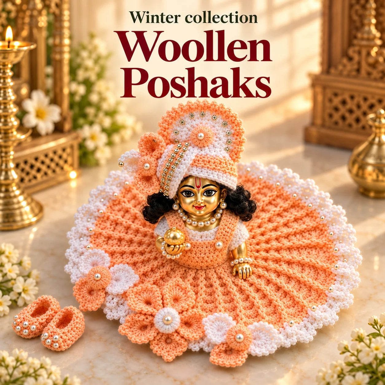 Winter collection. Woollen Poshaks. A Laddu Gopal dressed in a peach and white crochet dress, cap and shoes, beside a brass diya and jasmine flowers.