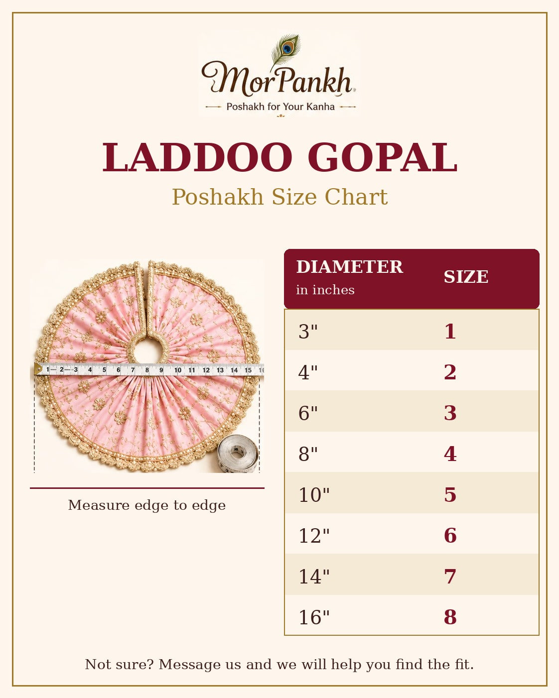 Laddoo Gopal poshakh size chart: measure edge to edge, diameter in inches and size